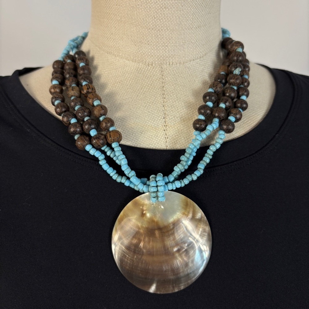 Tribal Multistrand Wooden Bead Abalone Shell Turquoise Mother Necklace